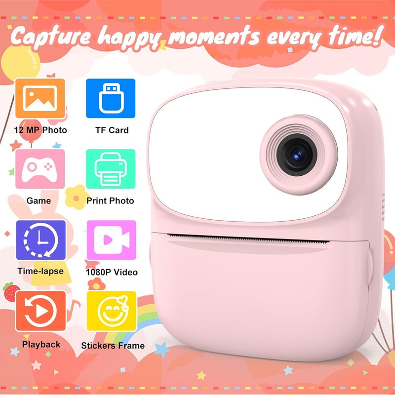 ICONLINK Kids Camera Instant Print for Kids with Mirror, HD Dual-Lens Selfie Digital Camera with 3 Rolls Print Paper & 32GB Card, Holiday Birthday Gifts Toys for Girls Boys Toddler.(Pink) - Image 2